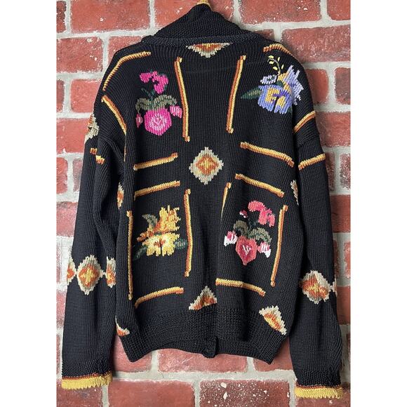 VTG Berek Sweater Black Floral Cardigan Hand Knit Heavy Button Front Size Large - Picture 6 of 11